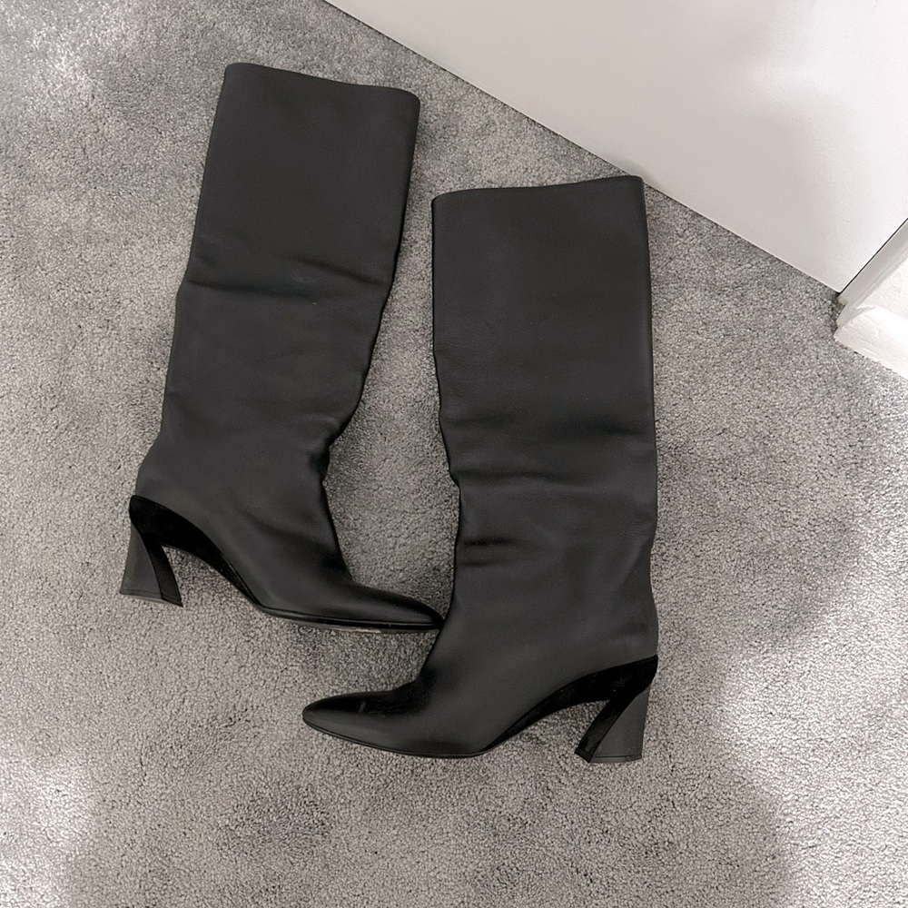 Designer Salvatore Ferragamo leather, knee-high, healed riding boot, size 10.5